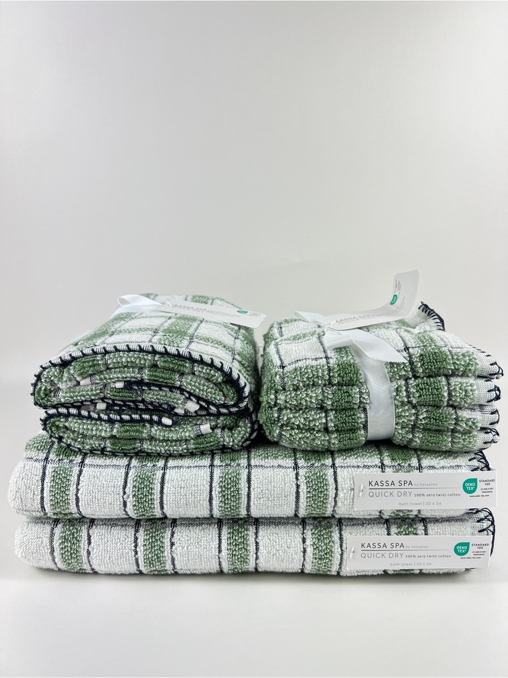Kassa Spa Kassatex Bath Towel Set Green White Black Stripe Soft Cotton 8 Pc NEW